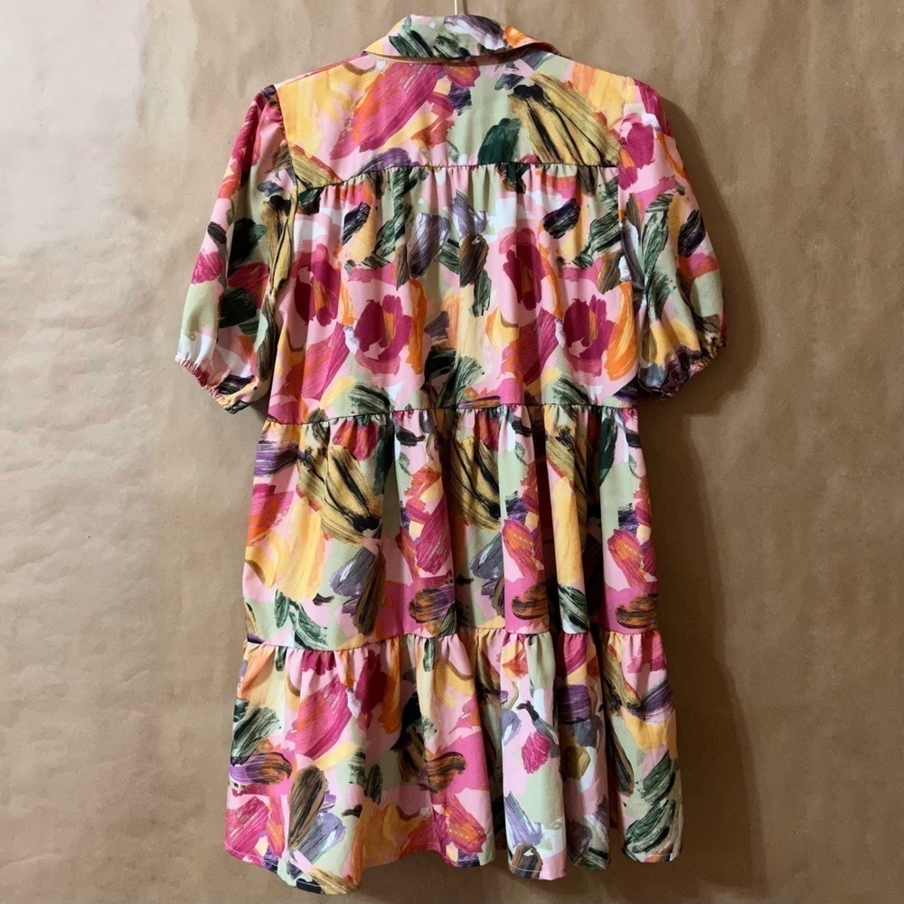 Abstract Watercolor Print Button Front Tiered Popover Mini Shirt Dress Size XS - Picture 10 of 13